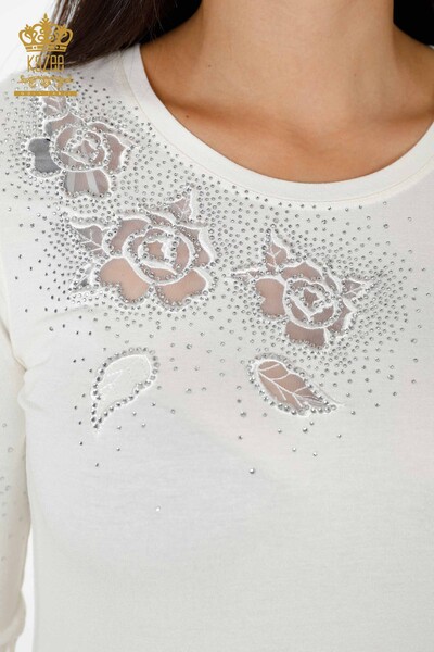 Venta al por mayor Blusa de Mujer con Estampado de Rosas de Tul Detallado con Piedras - 78999 | kazee - Thumbnail