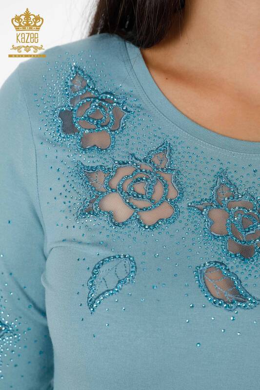 Venta al por mayor Blusa de Mujer con Estampado de Rosas de Tul Detallado con Piedras - 78999 | kazee