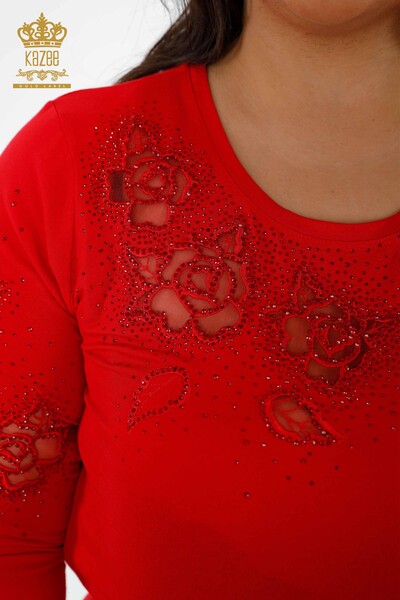 Venta al por mayor Blusa de Mujer con Estampado de Rosas de Tul Detallado con Piedras - 78999 | kazee - Thumbnail
