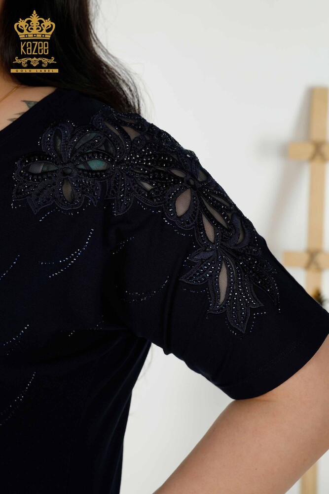 Venta al Por Mayor Blusa de Mujer - Tul Detallado - Azul Marino - 79086 | kazee - 5