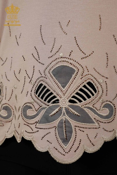 Venta al por mayor Blusa de Mujer Piedra Bordado Tul Detallado Escote en V Beige - 77927 | kazee - 3