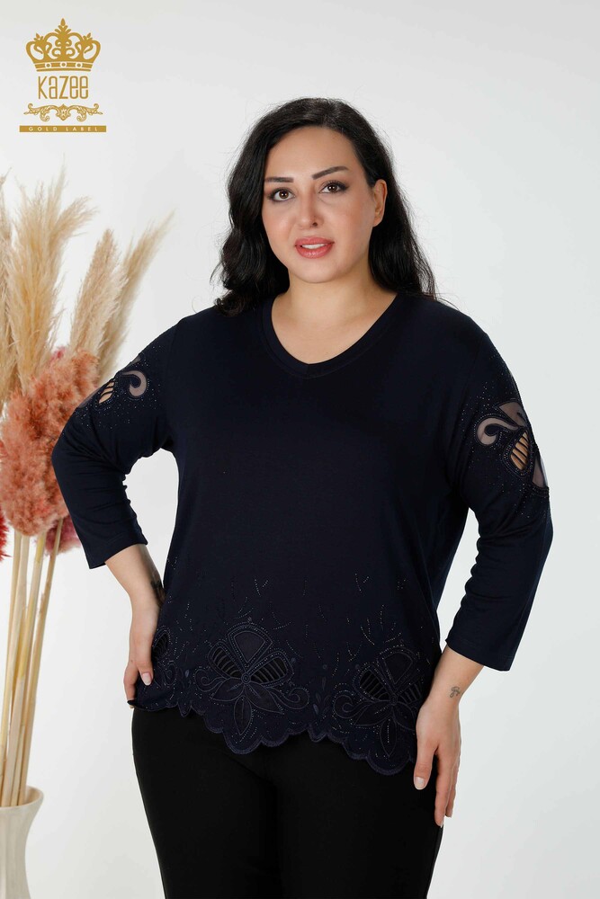 Venta al por mayor Blusa de Mujer Piedra Bordado Tul Detallado Cuello en V Negro - 77927 | kazee - 1