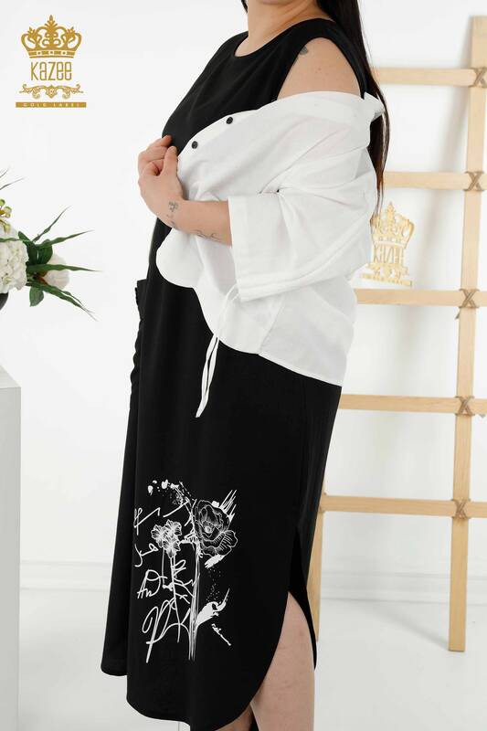Venta al por mayor Vestido Camisero Mujer - Estampado Floral - Blanco Negro - 20367 | kazee