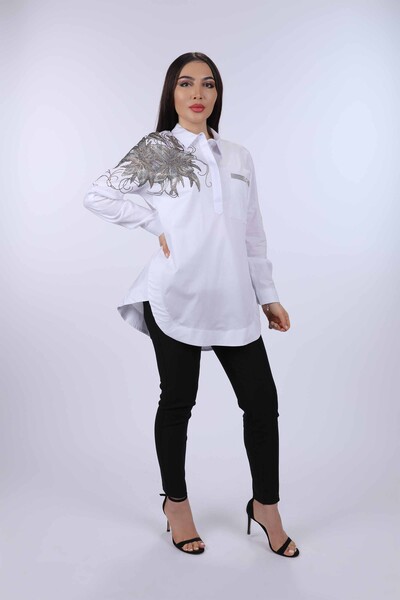Venta al por mayor Camisa de Mujer con Bolsillos Detalle Floral en el Hombro - 20009 | kazee - Thumbnail