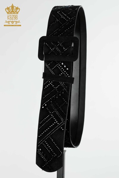 Venta al por mayor Cinturón de mujer a rayas con piedras de cristal bordadas en negro - 540 | kazee