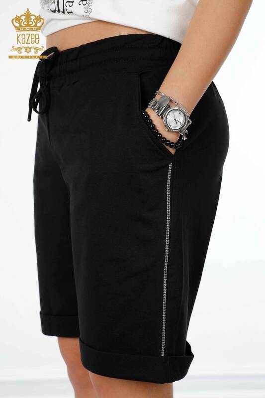 Venta al por mayor Conjunto de Chándal Shorts para Mujer Crudo Negro con Detalle de Texto - 17403 | kazee