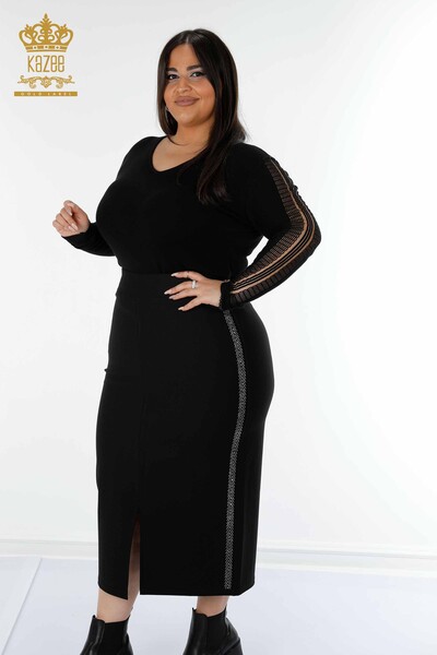 Venta al por mayor Falda de mujer con rayas de piedra negra bordada - 4116 | kazee - Thumbnail