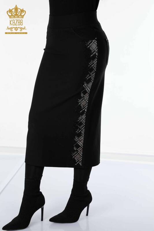 Venta al por mayor Falda de mujer con rayas de piedra bordada en negro - 4215 | kazee