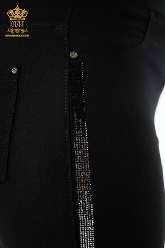 Venta al por mayor Falda de mujer a rayas con piedra de cristal bordada en el bolsillo detallada - 4169 | kazee