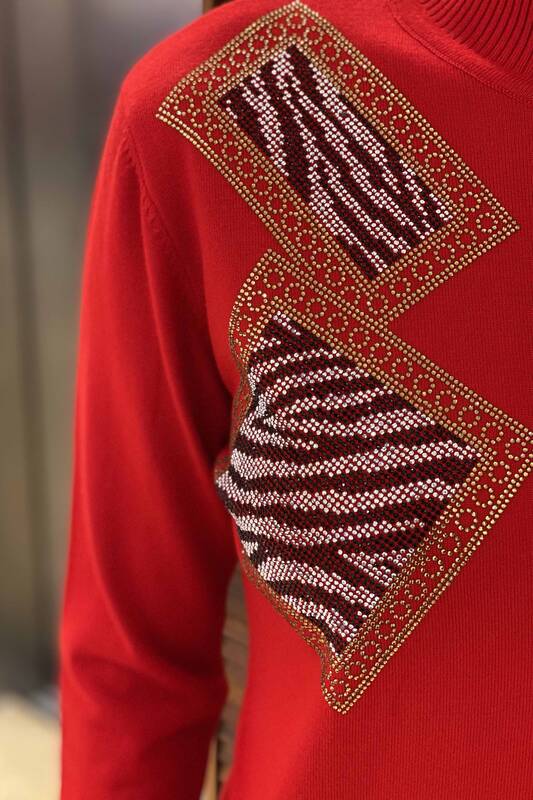 Venta al por mayor Suéter de Mujer con Estampado de Cebra Piedra Bordado Stand Up Collar - 16444 | kazee