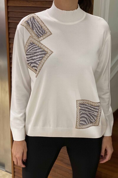 Venta al por mayor Suéter de Mujer con Estampado de Cebra Piedra Bordado Stand Up Collar - 16444 | kazee - Thumbnail