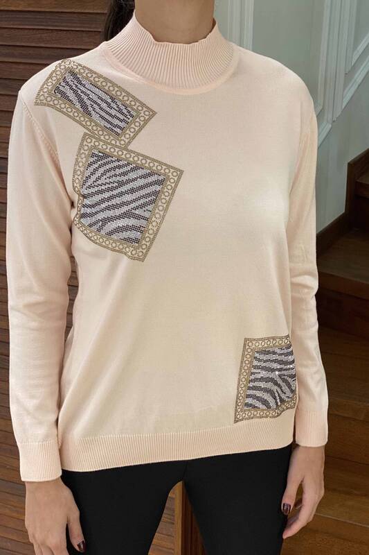Venta al por mayor Suéter de Mujer con Estampado de Cebra Piedra Bordado Stand Up Collar - 16444 | kazee