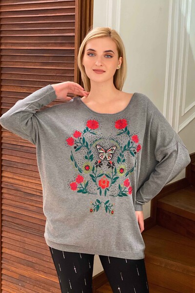 Venta al por mayor Suéter de Mujer con Estampado Floral Bordado de Piedras - 16134 | kazee - Thumbnail