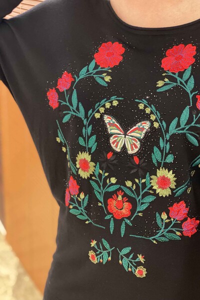 Venta al por mayor Suéter de Mujer con Estampado Floral Bordado de Piedras - 16134 | kazee - Thumbnail