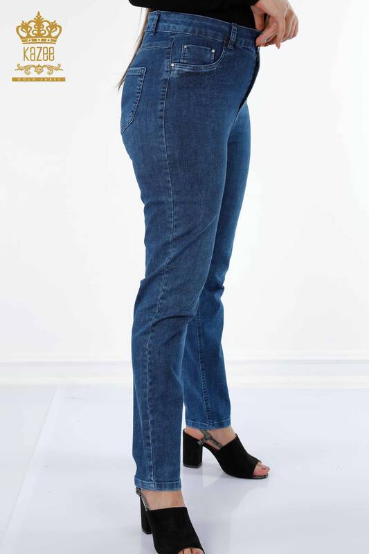Venta al por mayor Jeans de mujer de algodón bordado con piedras de cristal de colores - 3588 | kazee