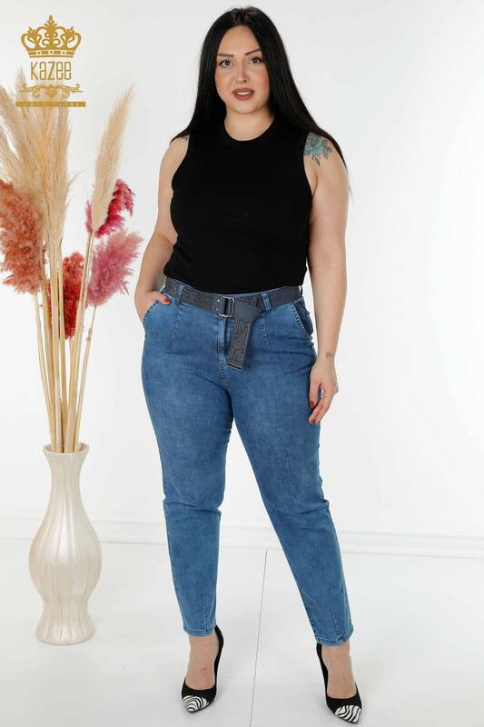 Venta al por mayor Jeans De Mujer Con Cinturón De Bolsillo Detallado Azul - 3687 | kazee