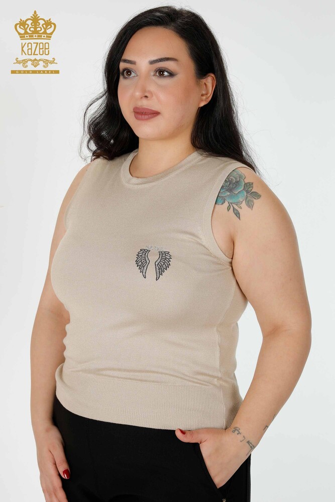 Venta al por mayor Prendas de punto para mujer Patrón de ala de ángel sin mangas Beige - 16921 | kazee - 2