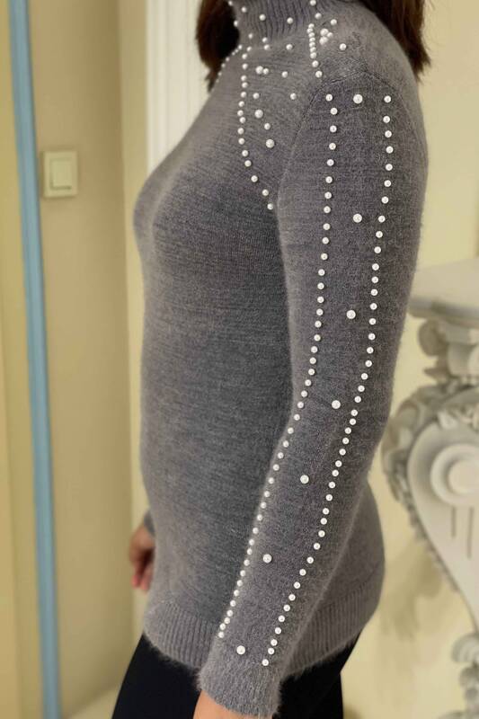 Venta al por mayor de prendas de punto de mujer de cuello alto de angora con cuentas bordadas - 18755 | kazee