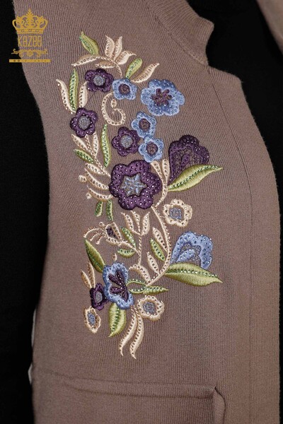 Venta al por mayor Prendas de punto para mujer Chaleco con patrón floral bordado de piedra - 16835 | kazee - Thumbnail