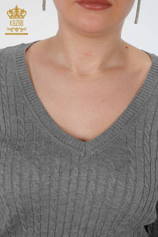 Venta al por mayor de prendas de punto para mujer con cuello en V básico de viscosa y manga larga - 15199 | kazee
