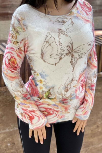 Venta al por mayor de prendas de punto para mujer con estampado de mariposa digital Angora - 18861 | kazee - Thumbnail