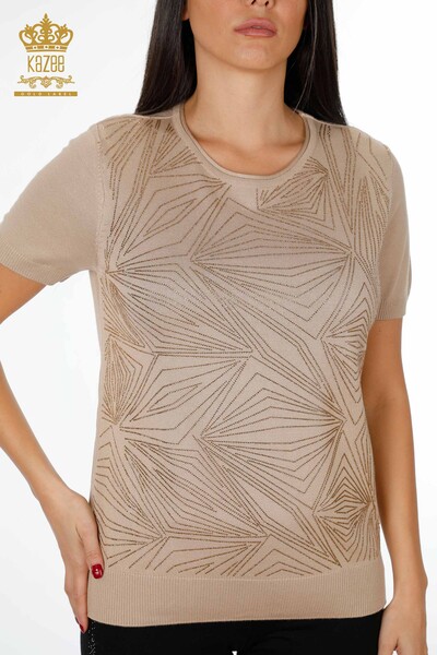 Venta al por mayor de prendas de punto para mujer con estampado de piedra modelo americano bordado - 16951 | kazee - Thumbnail
