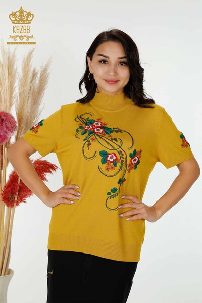 Venta al por mayor Prendas de punto para mujer con estampado floral mostaza - 16811 | kazee - Thumbnail