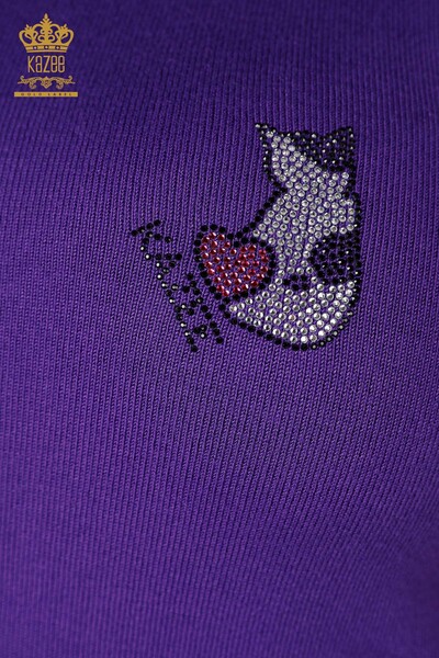 Venta al por mayor Mujeres Prendas de Punto Gato Estampado Sin Mangas Púrpura - 16902 | kazee - Thumbnail