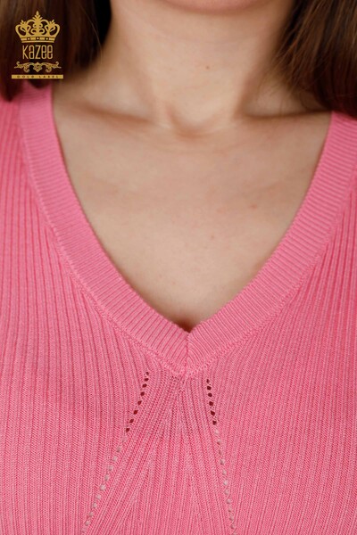 Venta al por mayor Prendas de punto para mujer Agujero trenzado Viscosa detallada con cuello en V - 16240 | kazee - Thumbnail