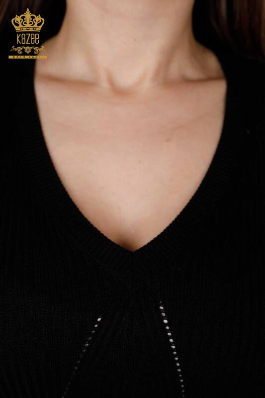 Venta al por mayor Prendas de punto para mujer Agujero trenzado Viscosa detallada con cuello en V - 16240 | kazee
