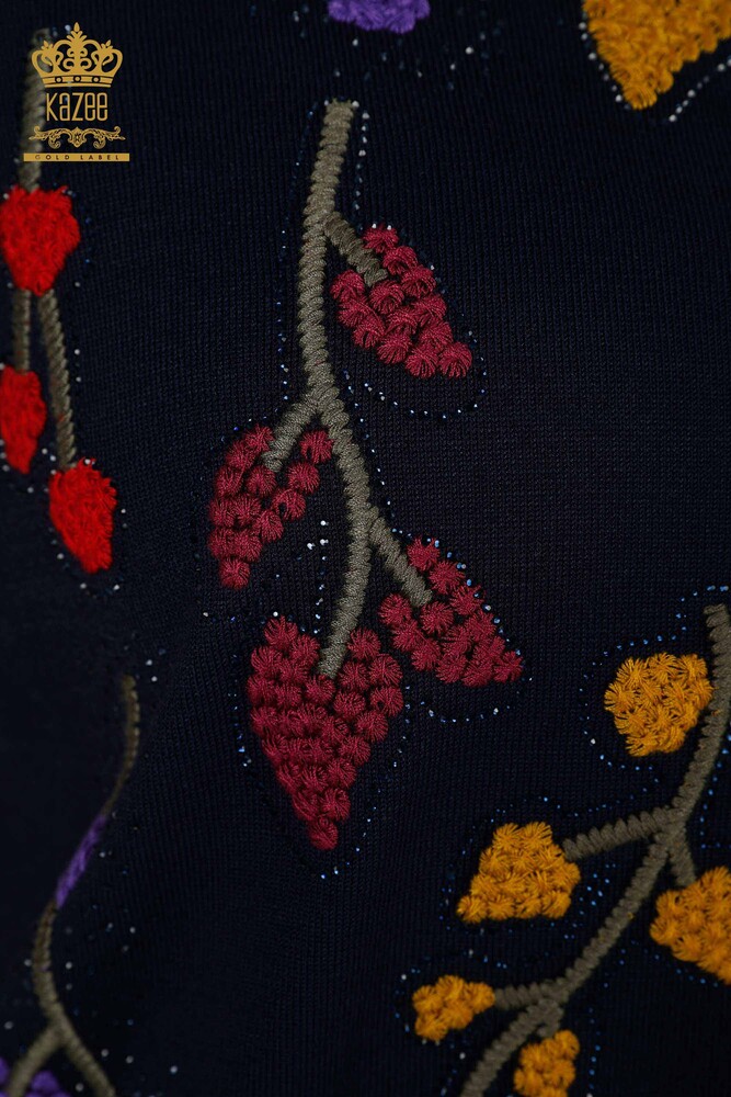 Venta al por mayor Prendas de punto para mujer con estampado de hojas en azul marino - 16753 | kazee - 3