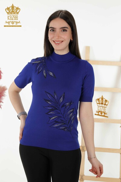 Venta al por mayor Suéter de punto para mujer - Estampado de hojas - Azul oscuro - 16716 | kazee - Thumbnail