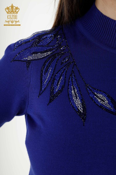 Venta al por mayor Suéter de punto para mujer - Estampado de hojas - Azul oscuro - 16716 | kazee - Thumbnail