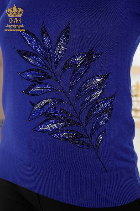 Venta al por mayor Suéter de punto para mujer - Estampado de hojas - Azul oscuro - 16716 | kazee