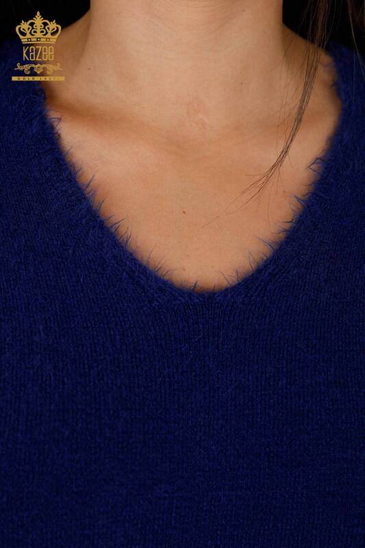 Venta al por mayor Suéter de punto de mujer Angora con cuello en V Logotipo básico - 18921 | kazee