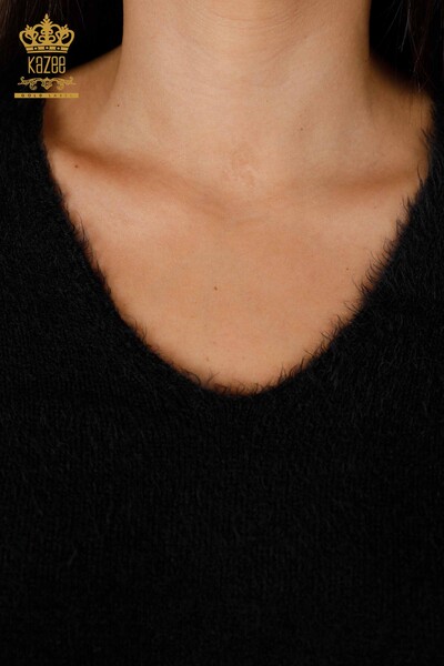 Venta al por mayor Suéter de punto de mujer Angora con cuello en V Logotipo básico - 18921 | kazee - Thumbnail