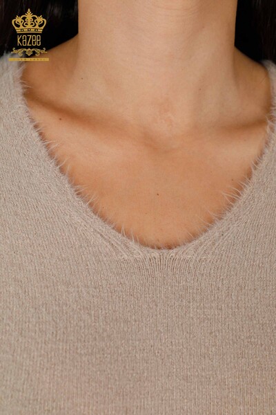 Venta al por mayor Suéter de punto de mujer Angora con cuello en V Logotipo básico - 18921 | kazee - Thumbnail