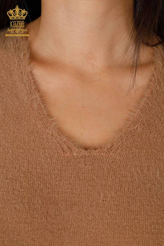 Venta al por mayor Suéter de punto de mujer Angora con cuello en V Logotipo básico - 18921 | kazee