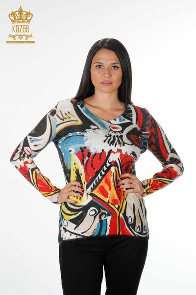 Venta al por mayor Suéter de Punto de Mujer Angora Estampado Digital Patrón Mixto - 18927 | kazee - Thumbnail
