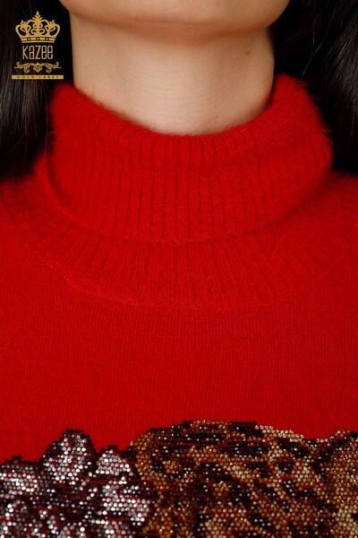 Venta al por mayor Suéter de punto para mujer con bordado de piedra estampado Angora Red - 16993 | kazee - Thumbnail