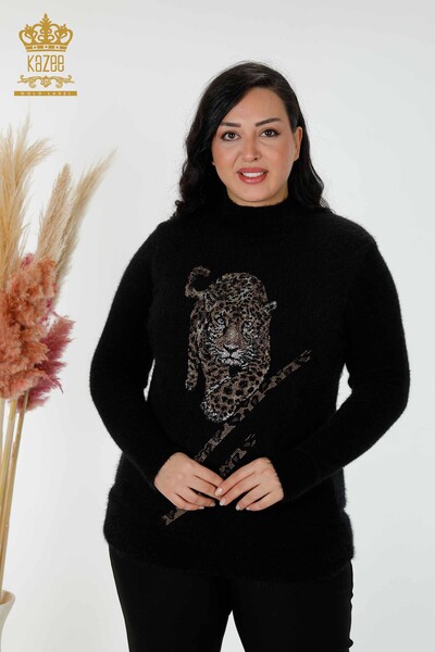 Venta al por mayor Suéter de punto para mujer Patrón de tigre de angora negro - 18957 | kazee - Thumbnail