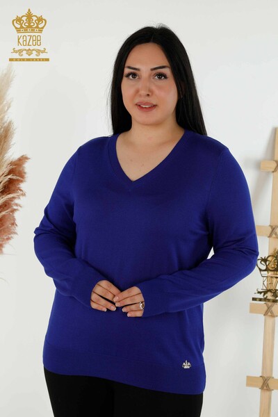 Venta al por mayor de Suéter de Punto para Mujer - Básico - Con Logo - Azul Oscuro - 30181 | kazee - Thumbnail