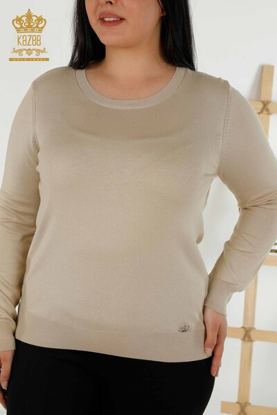Venta al por mayor de Suéter de Punto para Mujer - Básico - Con Logo - Beige Claro - 30213 | kazee - Thumbnail