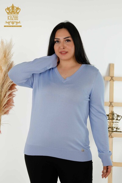 Venta al por mayor de Suéter de Punto para Mujer - Básico - Con Logo - Azul - 30181 | kazee - Thumbnail