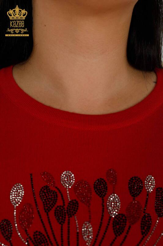 Venta al por mayor Suéter de punto para mujer con piedra bordada en rojo - 30156 | kazee