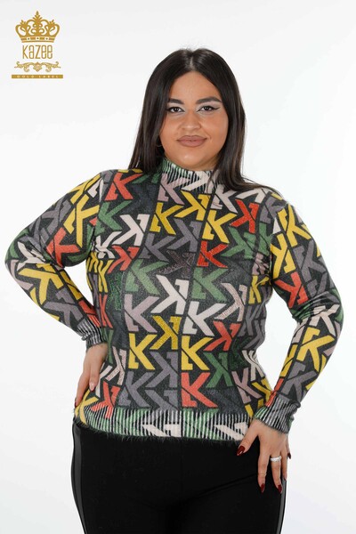 Venta al por mayor Mujeres Prendas de Punto Suéter Patrón de Colores Angora Impresión Digital - 18938 | kazee - Thumbnail