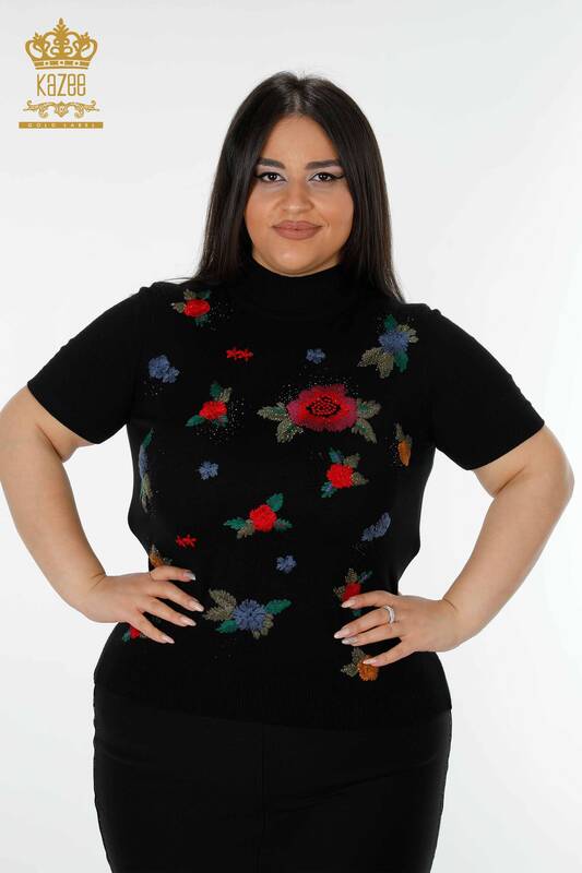 Venta al por mayor Suéter de punto para mujer con patrón floral colorido negro - 16892 | kazee