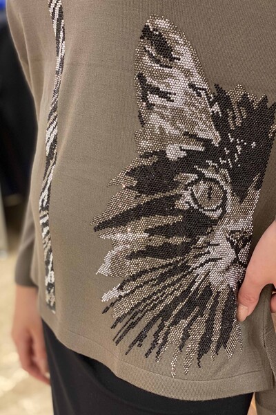Venta al por mayor Suéter de punto para mujer Patrón de gato bordado con piedra de color - 16440 | kazee - Thumbnail