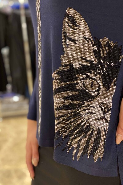 Venta al por mayor Suéter de punto para mujer Patrón de gato bordado con piedra de color - 16440 | kazee - Thumbnail