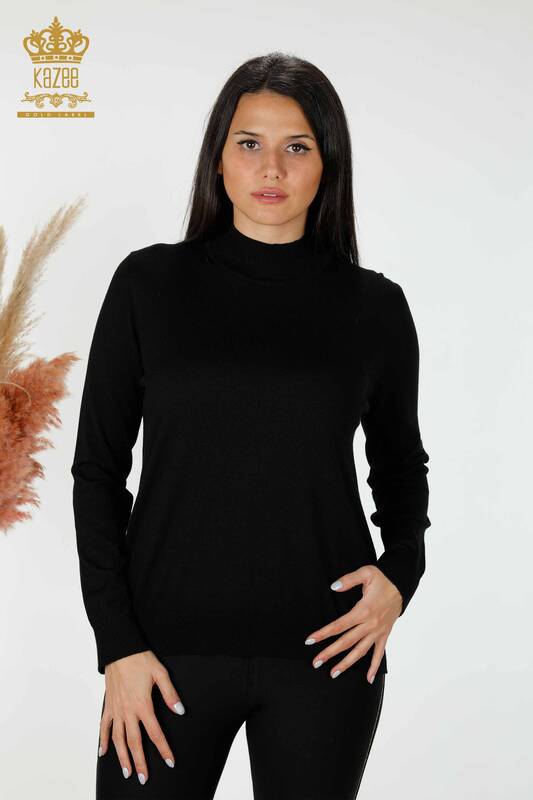 Venta al por mayor Suéter de Punto de Mujer Cuello Alto Básico Negro - 16663 | kazee